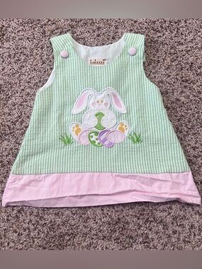 Babeeni Green Seersucker Bunny Appliqué Tunic with Pink Trim Size 4t